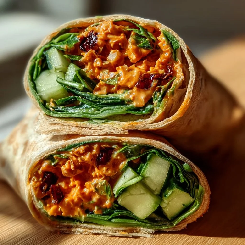 Delicious Vegan Buffalo Chickpea Wraps served on a plate with fresh ingredients
