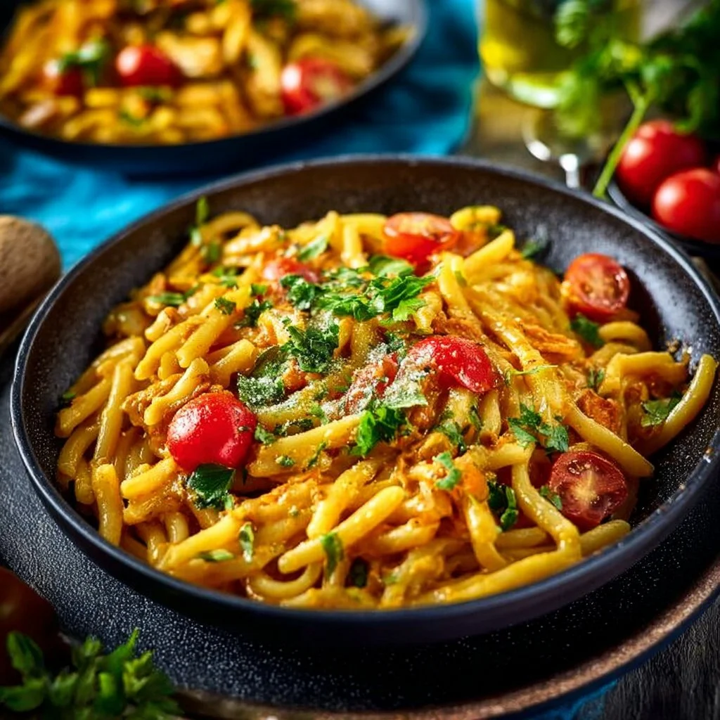 Delicious Vegan Cajun Pasta served with fresh vegetables and spices