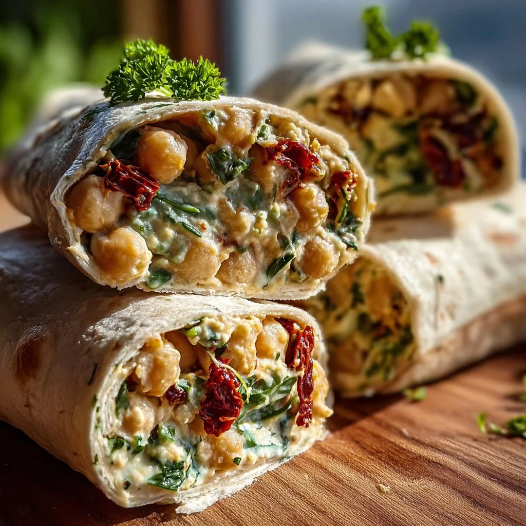 Vegan wrap filled with creamy sun-dried tomatoes and fresh vegetables.