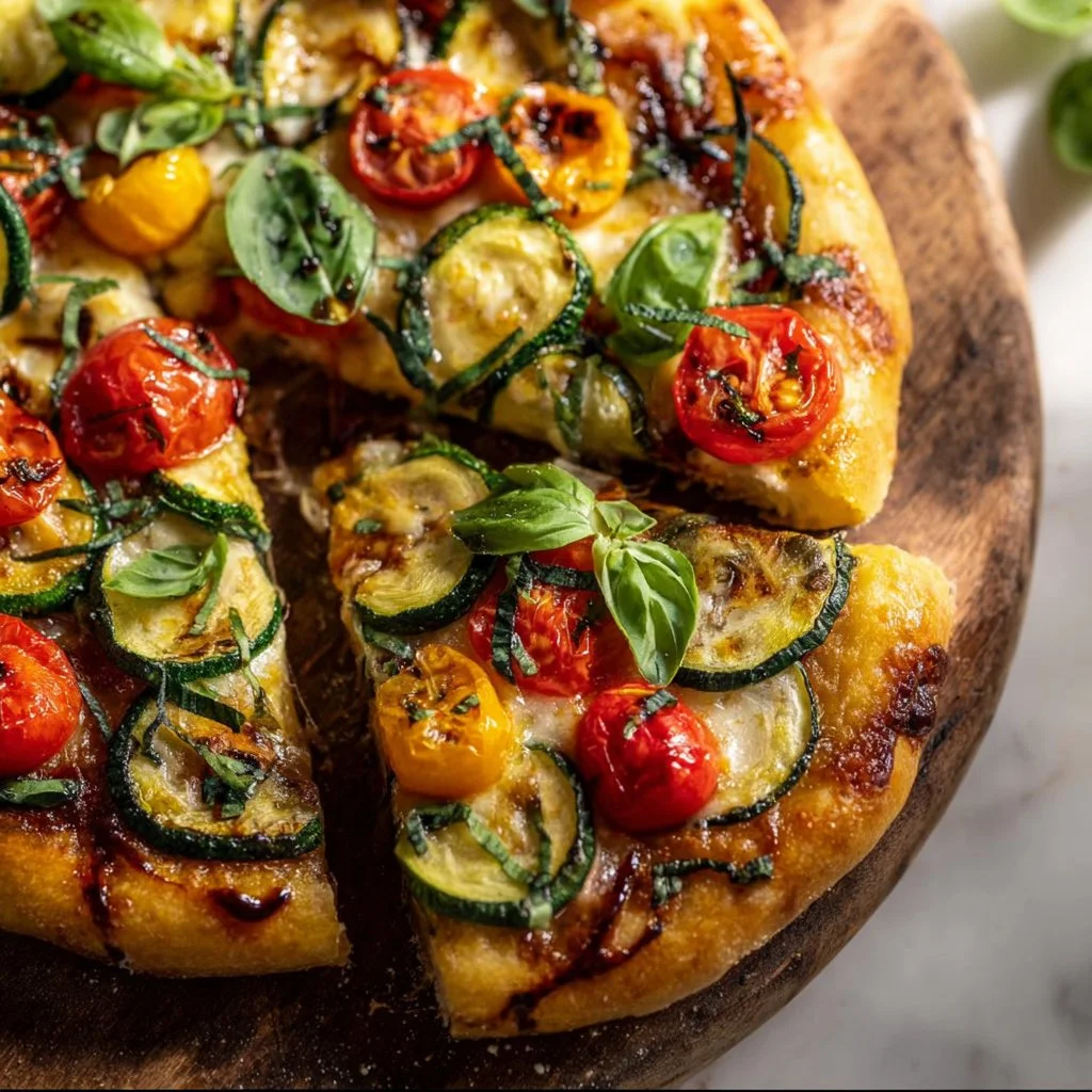 Vegan earthy vegetable pizza topped with colorful fresh vegetables and herbs