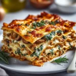 Delicious homemade vegan lasagna with layers of vegetables and marinara sauce.