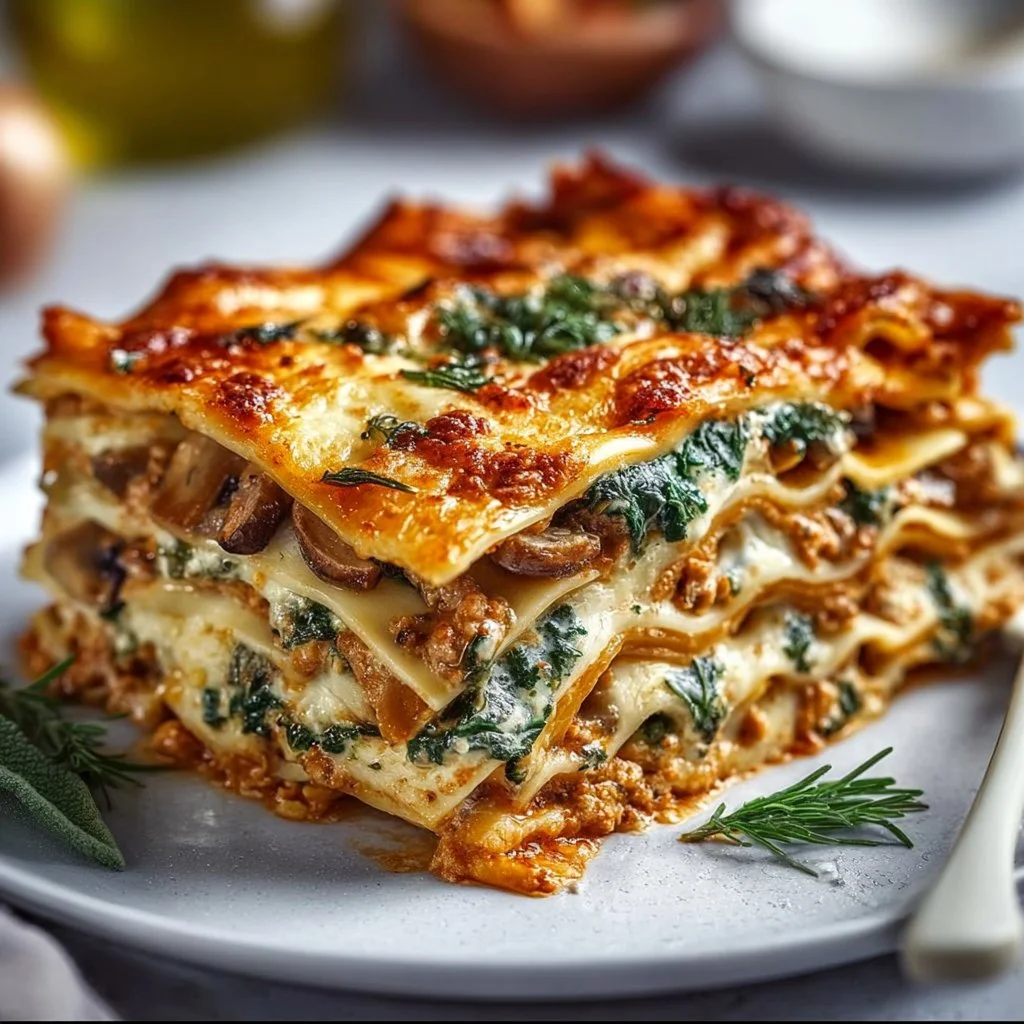 Delicious homemade vegan lasagna with layers of vegetables and marinara sauce.