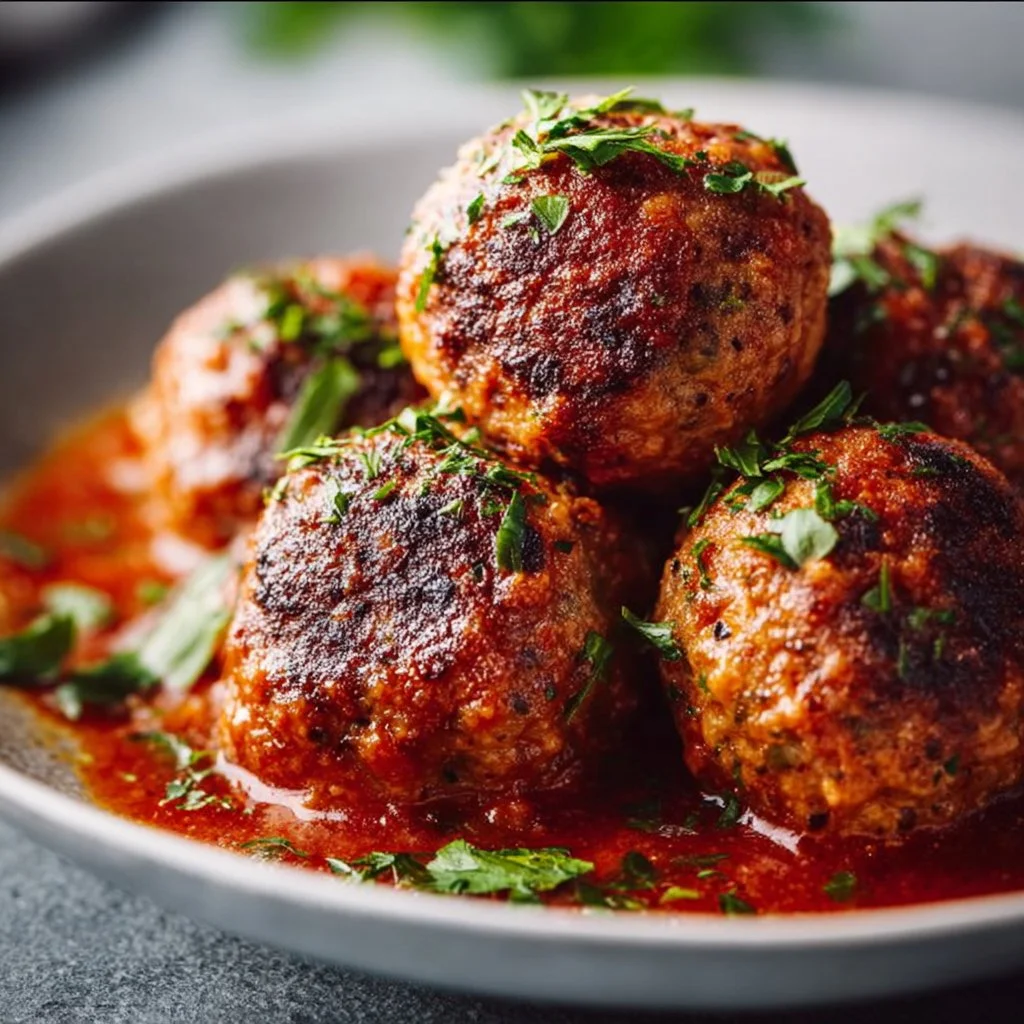 Plate of vegan meatballs served with marinara sauce and fresh herbs