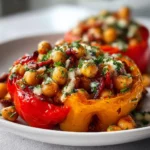 Vegan Mediterranean Chickpea Peppers filled with chickpeas, spices, and fresh vegetables