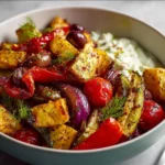 Vegan Mediterranean Roasted Vegetables Bowl 3 Vegan Mediterranean Roasted Vegetables Bowl with colorful roasted vegetables