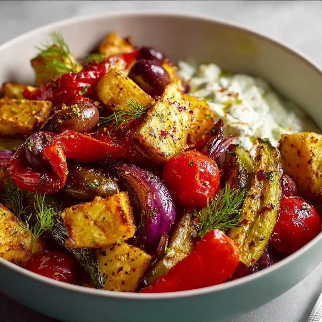 Vegan Mediterranean Roasted Vegetables Bowl with colorful roasted vegetables