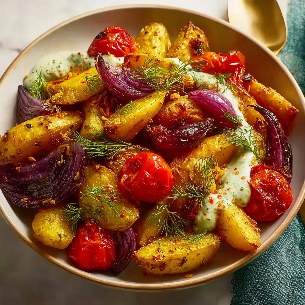Vegan Mediterranean roasted vegetable bowl with colorful veggies.