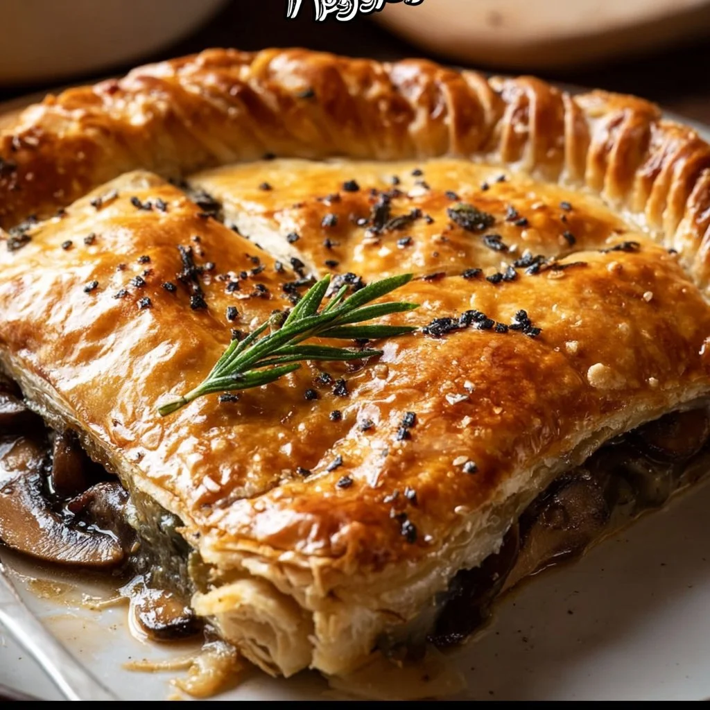 Delicious vegan mushroom pie with fresh ingredients, ready to serve