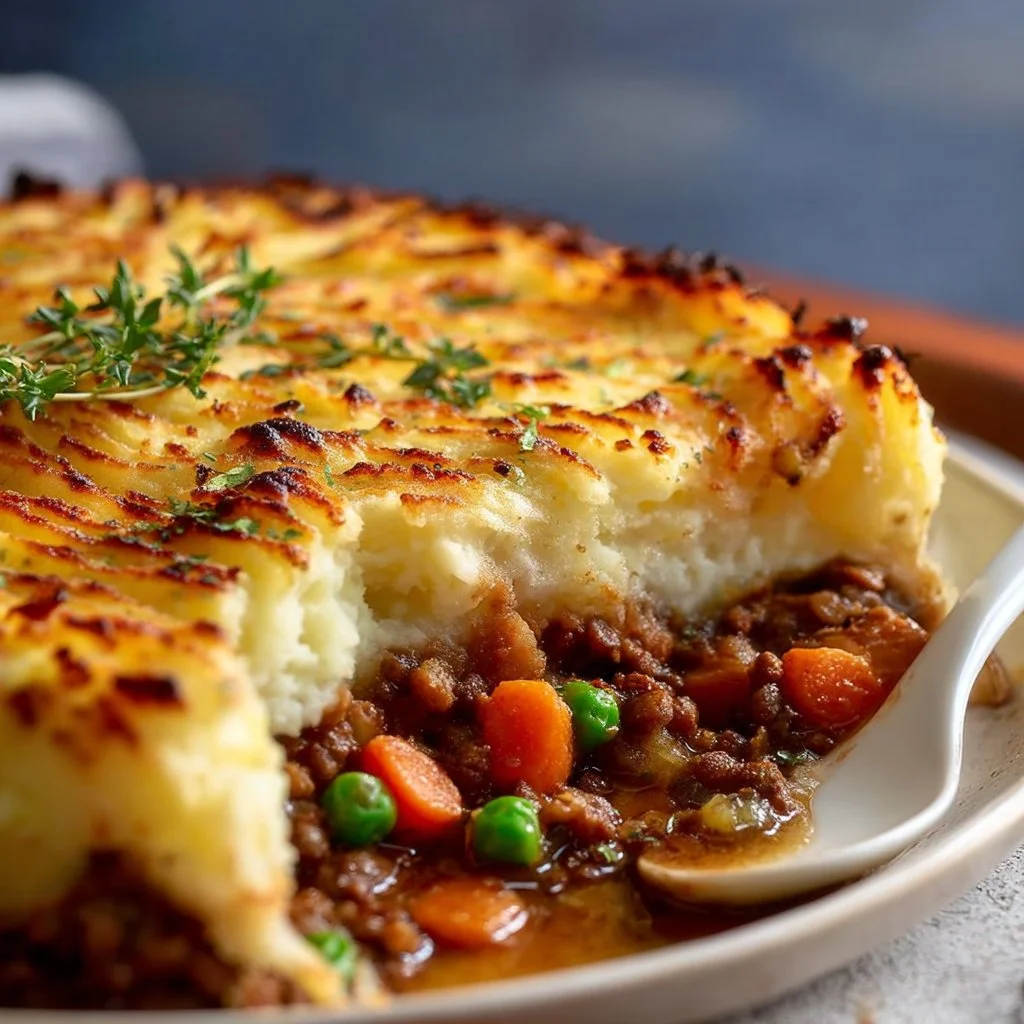 Delicious vegan shepherd's pie with vegetables and mashed potatoes