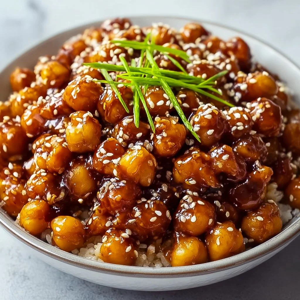Vegan sticky sesame chickpeas served in a bowl with sesame seeds garnish
