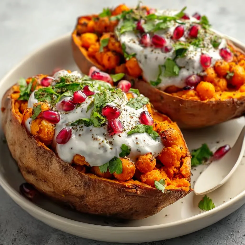 Vegan stuffed sweet potatoes filled with colorful vegetables and spices