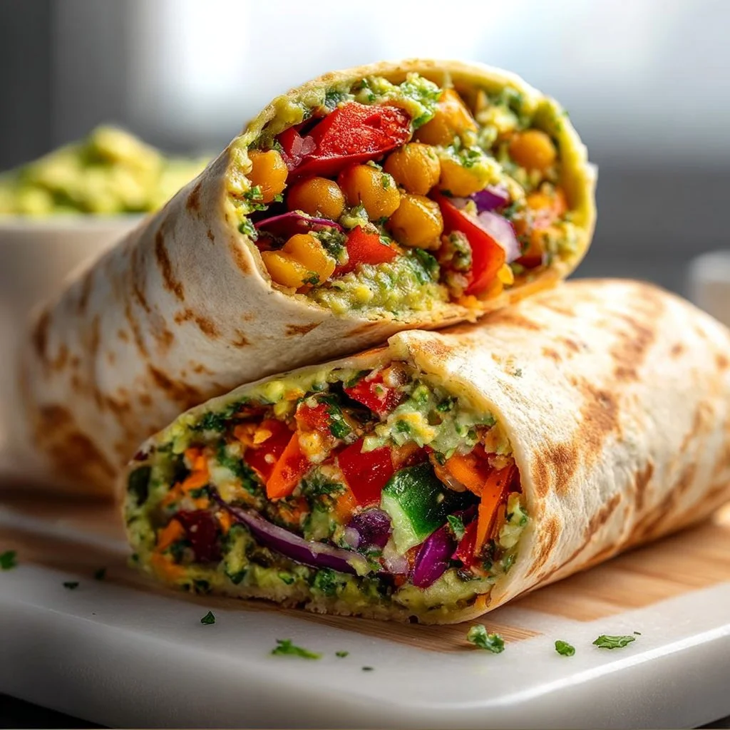 Healthy vegan veggie wraps filled with colorful fresh vegetables