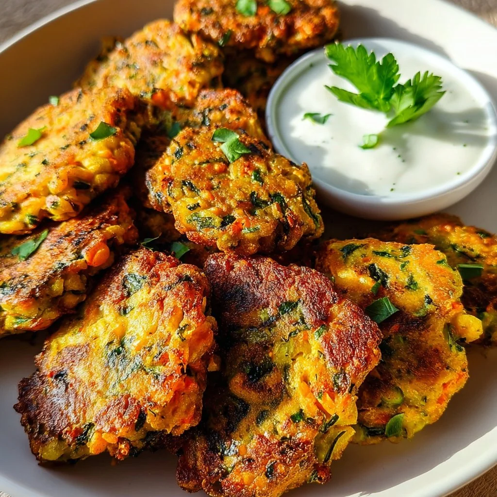 Delicious vegetable chickpea fritters served on a plate with dipping sauce.