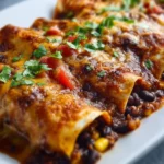 Delicious vegetarian black bean enchiladas topped with cheese and cilantro.