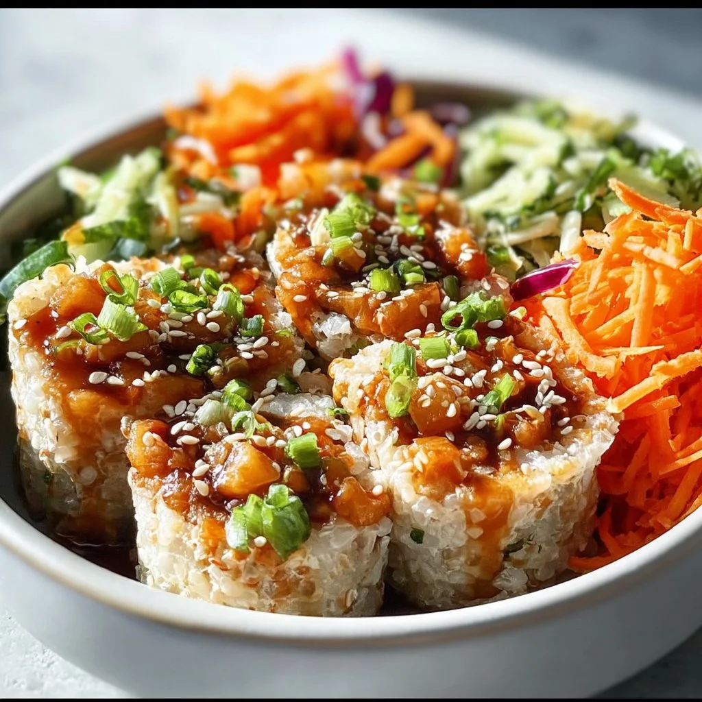 Delicious Vegetarian Crunchy Roll Bowl with fresh vegetables and a crispy topping