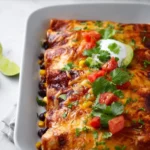 Plate of delicious vegetarian enchiladas with colorful toppings