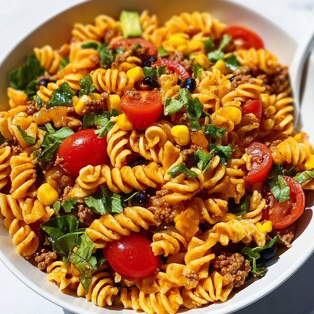 Bowl of 30-minute taco pasta salad with colorful toppings