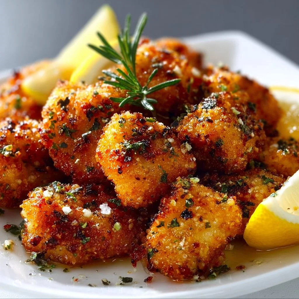Air Fryer Lemon Chicken Bites served in a bowl garnished with herbs.