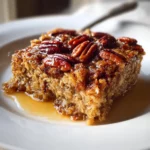 Bowl of Maple Pecan Baked Oatmeal topped with pecans and maple syrup