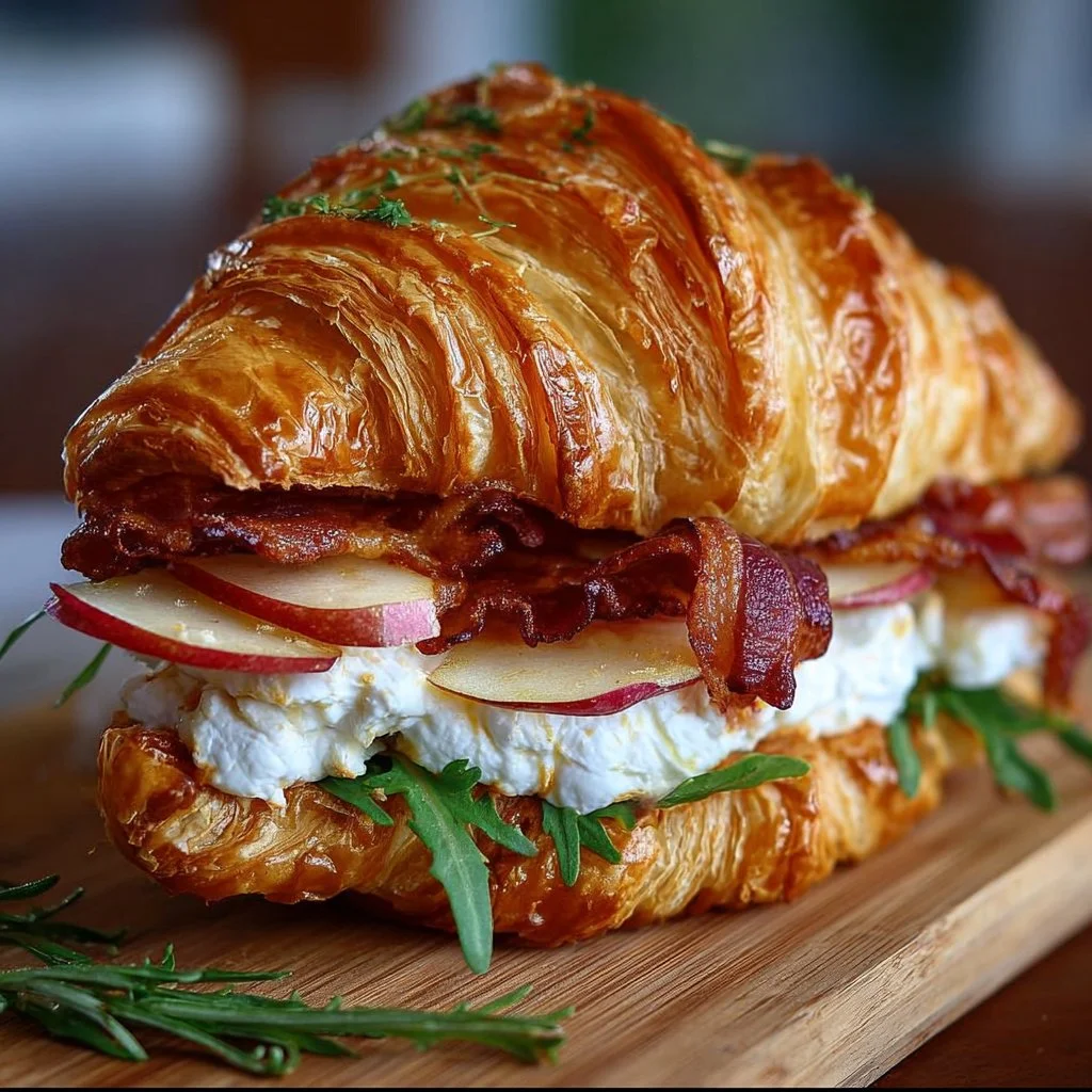 Apple and goat cheese croissant sandwich with fresh apples and creamy goat cheese