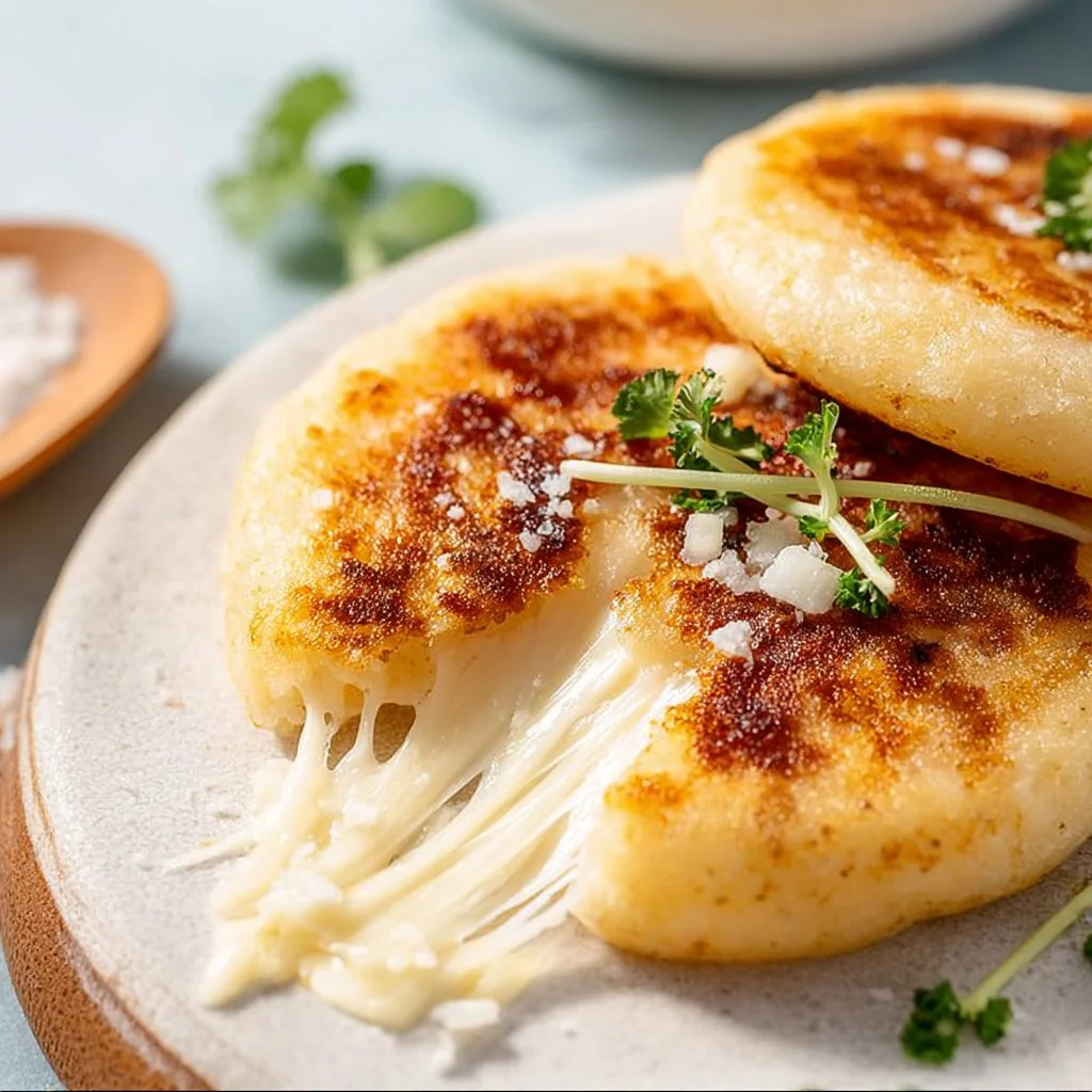 Delicious arepas filled with melted cheese, served on a plate.
