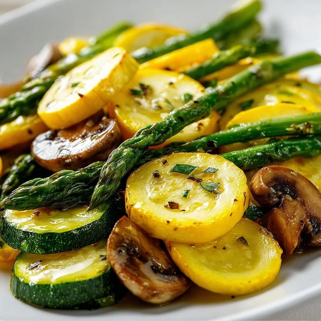 Asparagus with zucchini and squash dish ready to serve