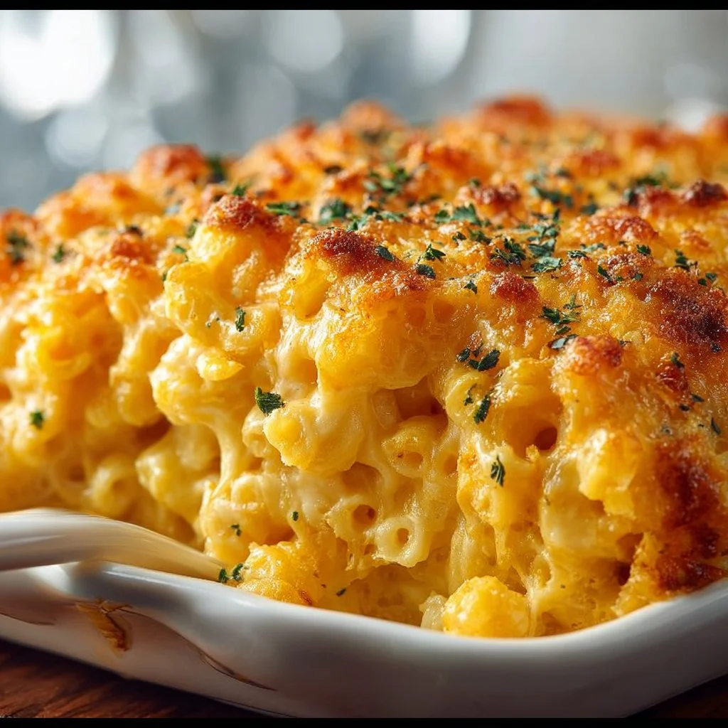 Deliciously baked mac and cheese topped with golden breadcrumbs