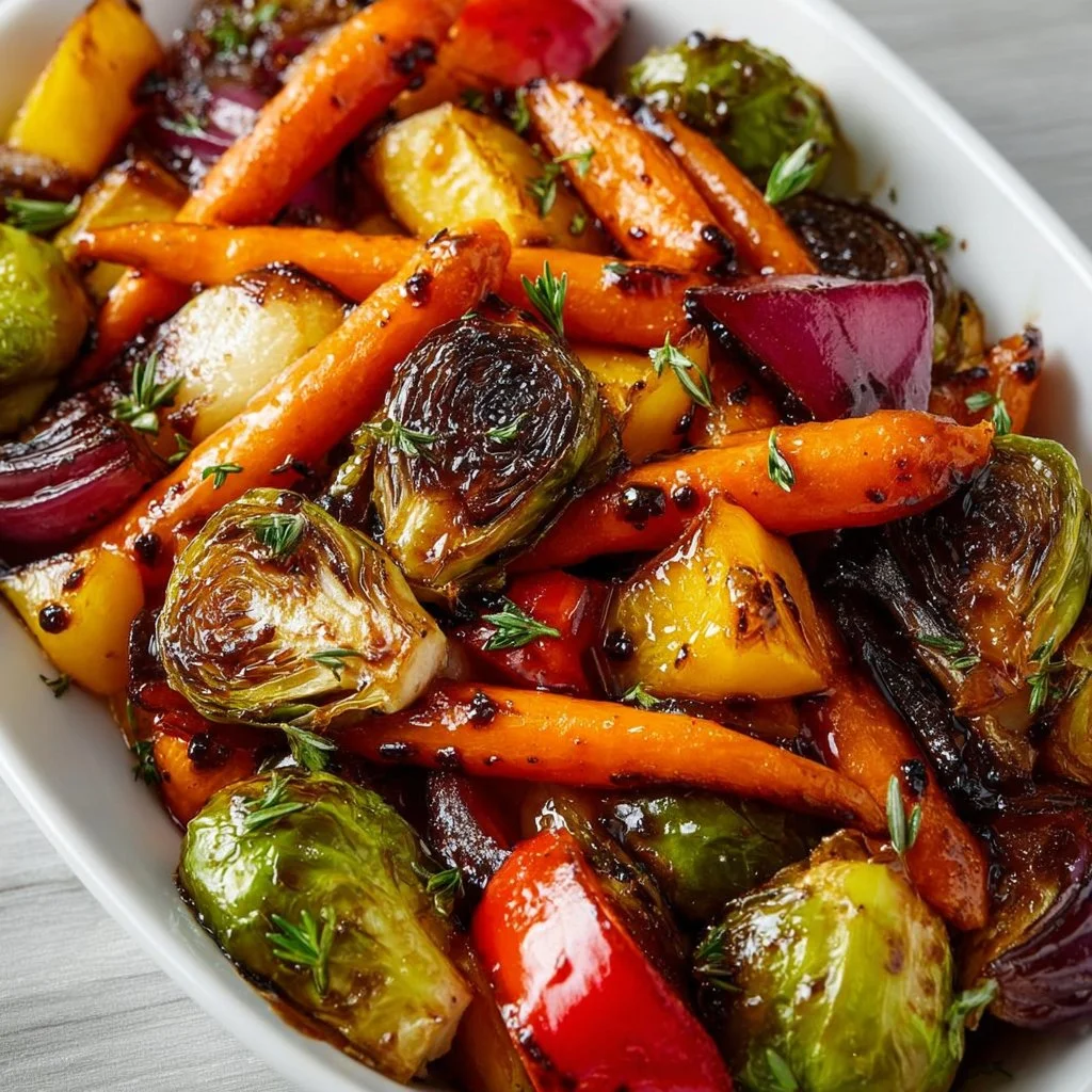 Balsamic glazed roasted vegetables on a plate garnished with herbs