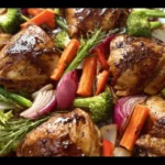 Balsamic Honey Chicken with colorful roasted vegetables on a sheet pan
