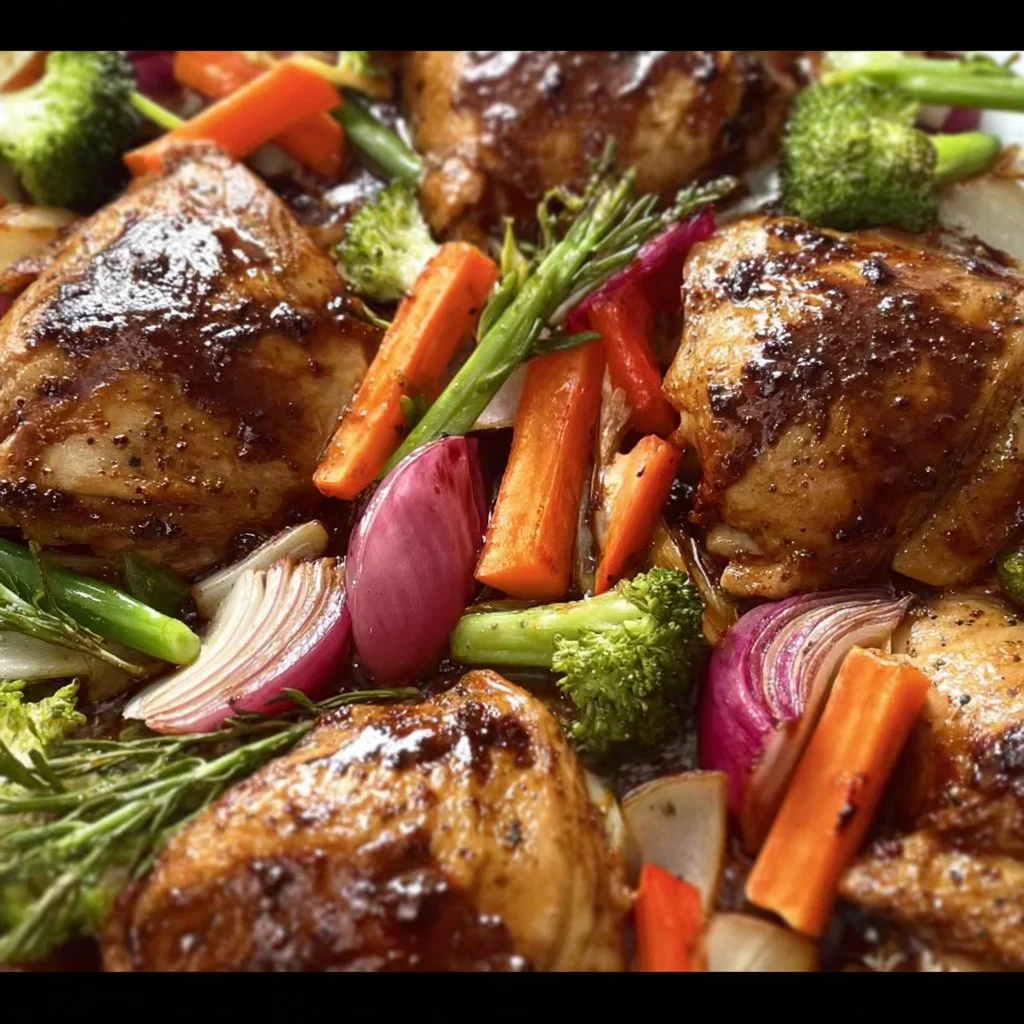 Balsamic Honey Chicken with colorful roasted vegetables on a sheet pan