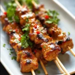 Grilled Bang Bang Chicken Skewers garnished with fresh herbs