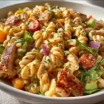 Delicious barbecue chicken pasta salad served in a bowl with colorful ingredients