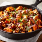 BBQ Chicken Sweet Potato Skillet 3 BBQ chicken sweet potato skillet topped with fresh herbs and served in a cast-iron pan.