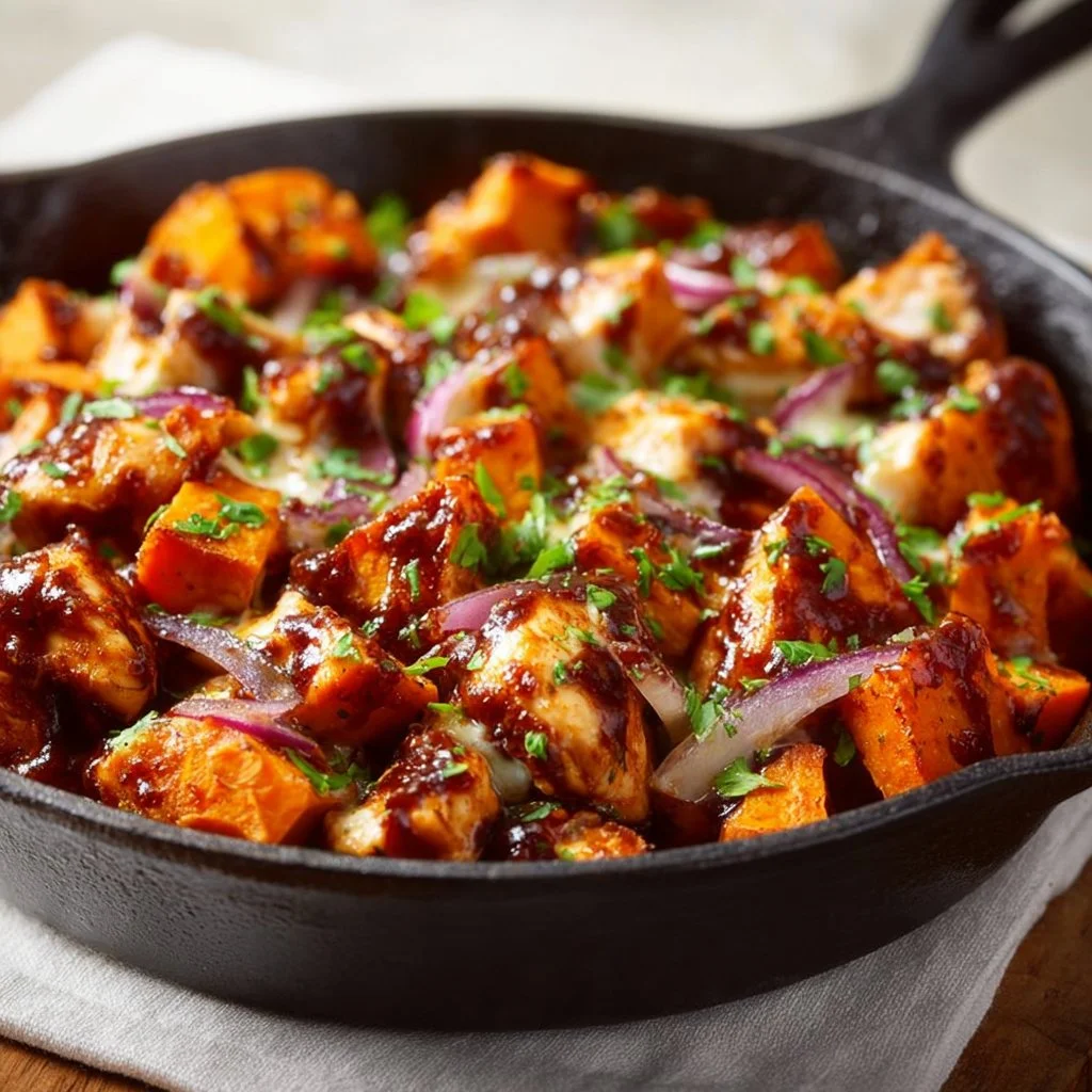 BBQ chicken sweet potato skillet topped with fresh herbs and served in a cast-iron pan.