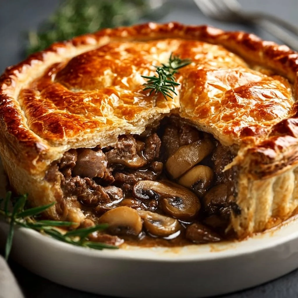 Delicious Beef and Mushroom Pie with flaky crust and savory filling