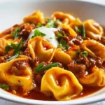 Beef Enchilada Tortellini 3 Plate of Beef Enchilada Tortellini with melted cheese and rich sauce.