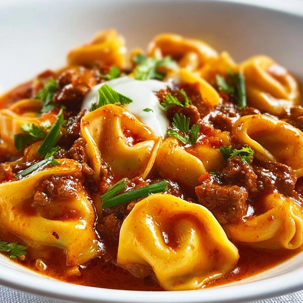 Plate of Beef Enchilada Tortellini with melted cheese and rich sauce.