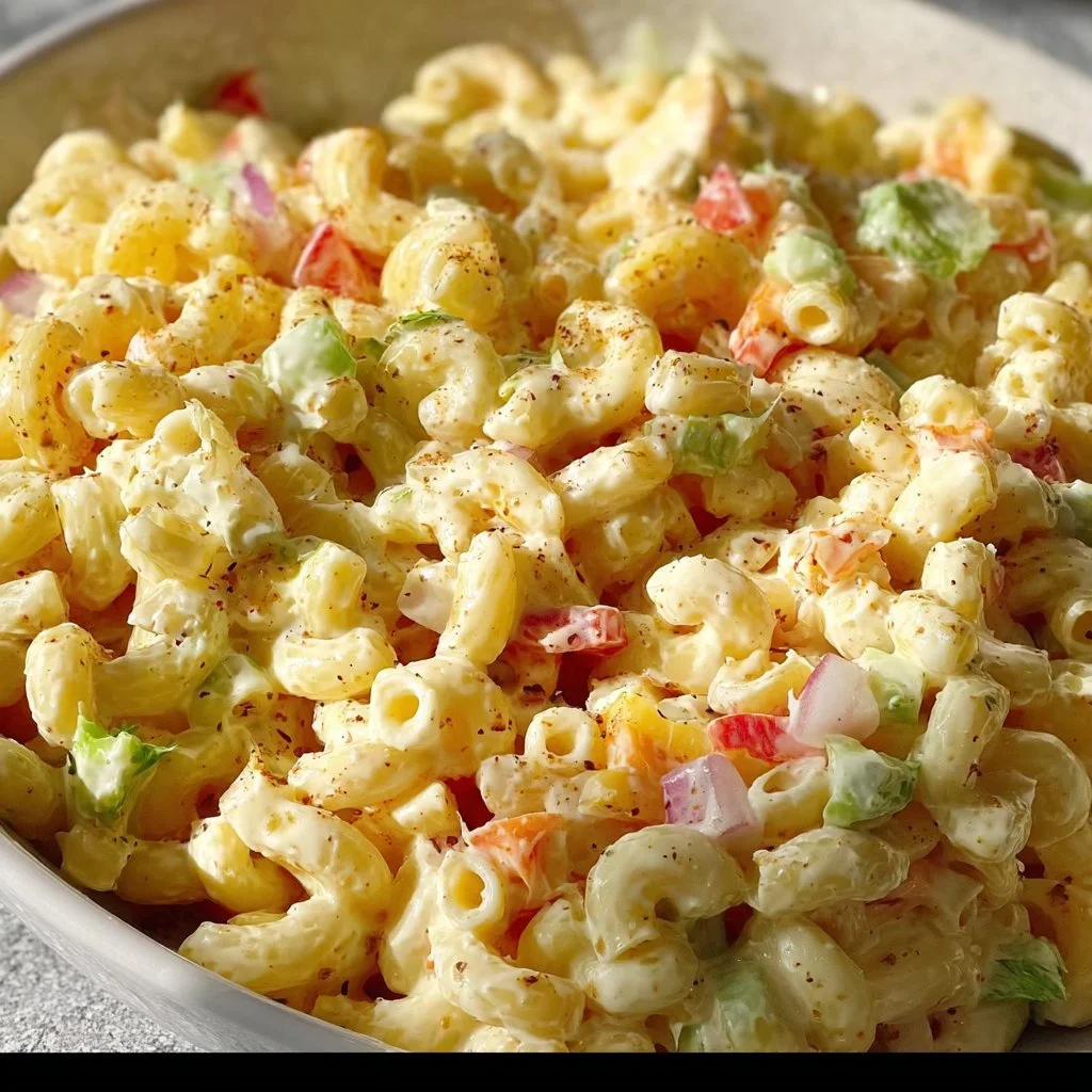 Delicious bowl of the best macaroni salad with fresh vegetables and dressing