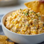 Creamy and delicious corn dip served in a bowl with tortilla chips on the side.