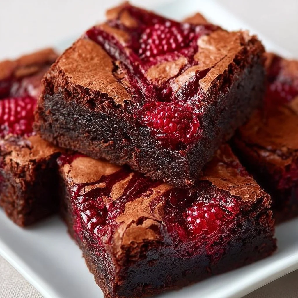 Delicious raspberry swirl brownies topped with fresh raspberries and chocolate glaze