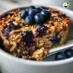 Delicious blueberry baked oatmeal topped with fresh blueberries and baked until golden.