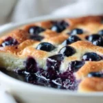 Blueberry buttermilk pancake casserole served with syrup and fresh blueberries.