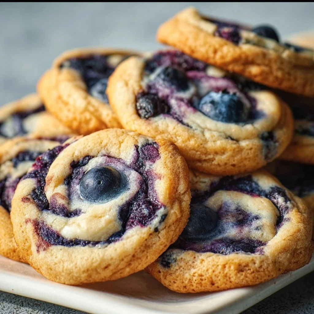 Blueberry cheesecake cookies on a plate, showcasing their delicious texture and color