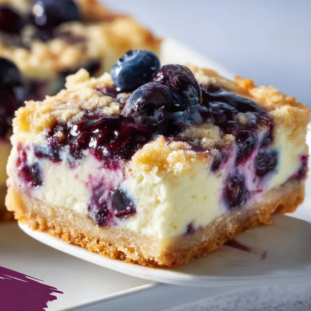 Delicious Blueberry Cream Cheese Bars topped with fresh blueberries.