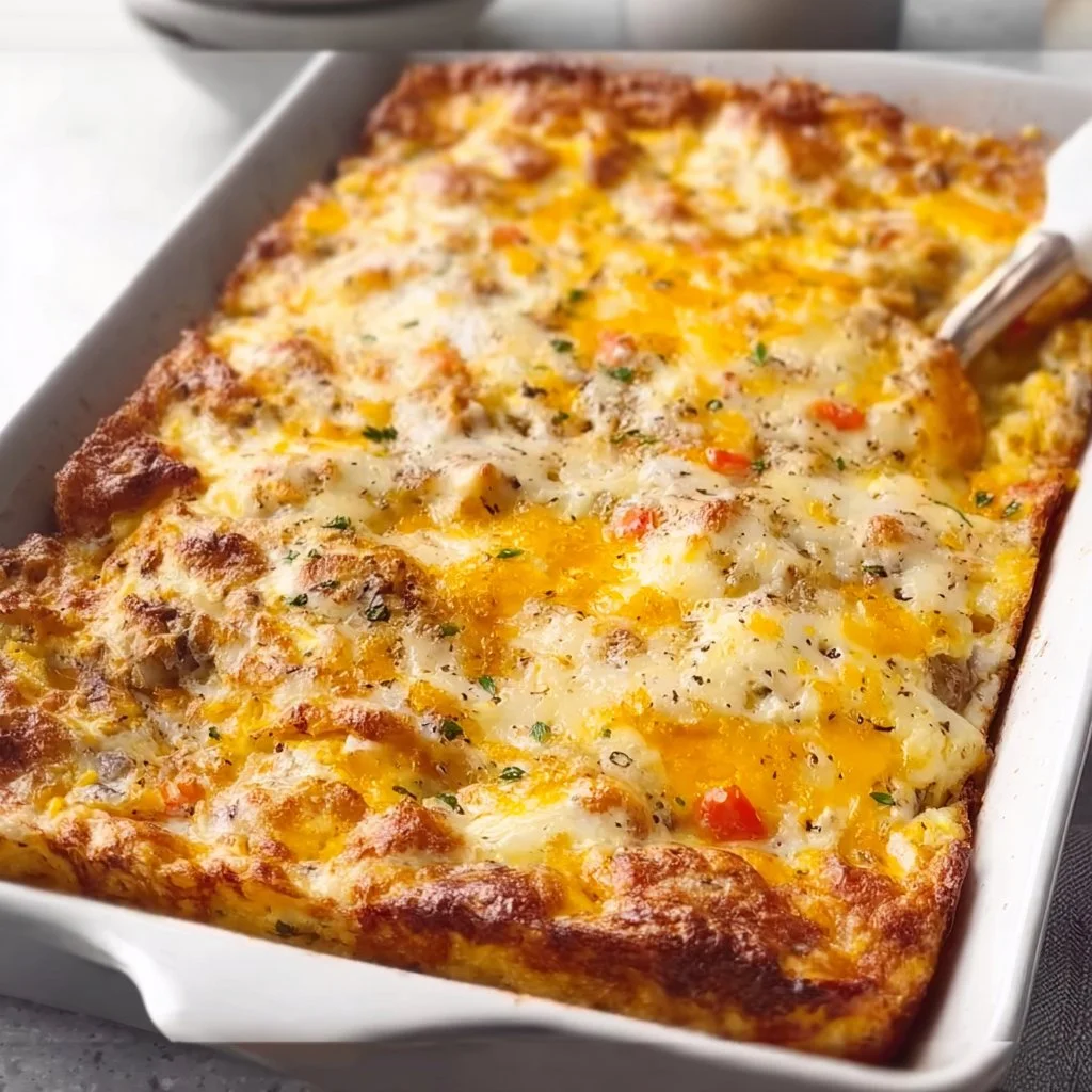 Delicious breakfast casserole fresh out of the oven, ready to serve.