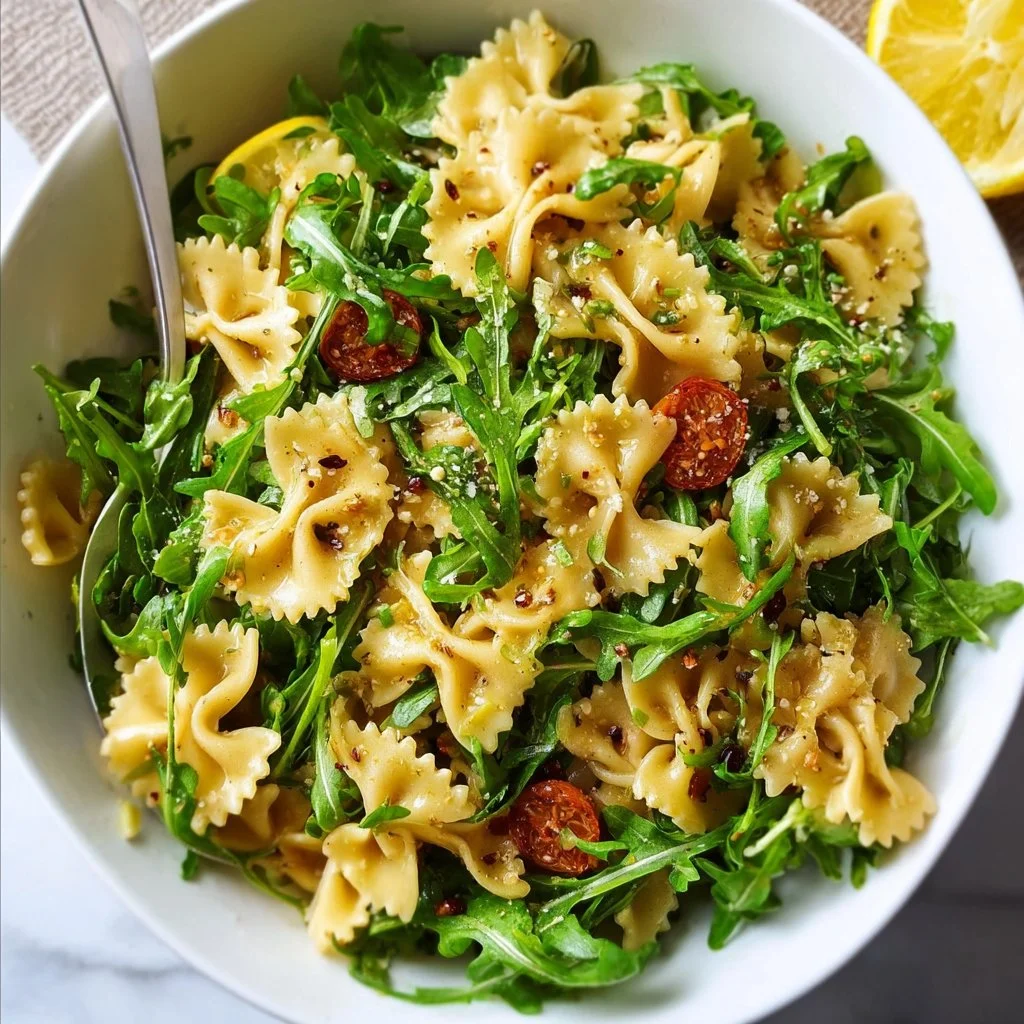 Bright and Zesty Lemon Arugula Pasta Salad with fresh ingredients