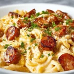 Cajun Smoked Sausage Alfredo Pasta 3 Cajun smoked sausage Alfredo pasta garnished with herbs on a plate
