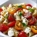 Colorful Caprese Pasta Salad with tomatoes, mozzarella, and basil