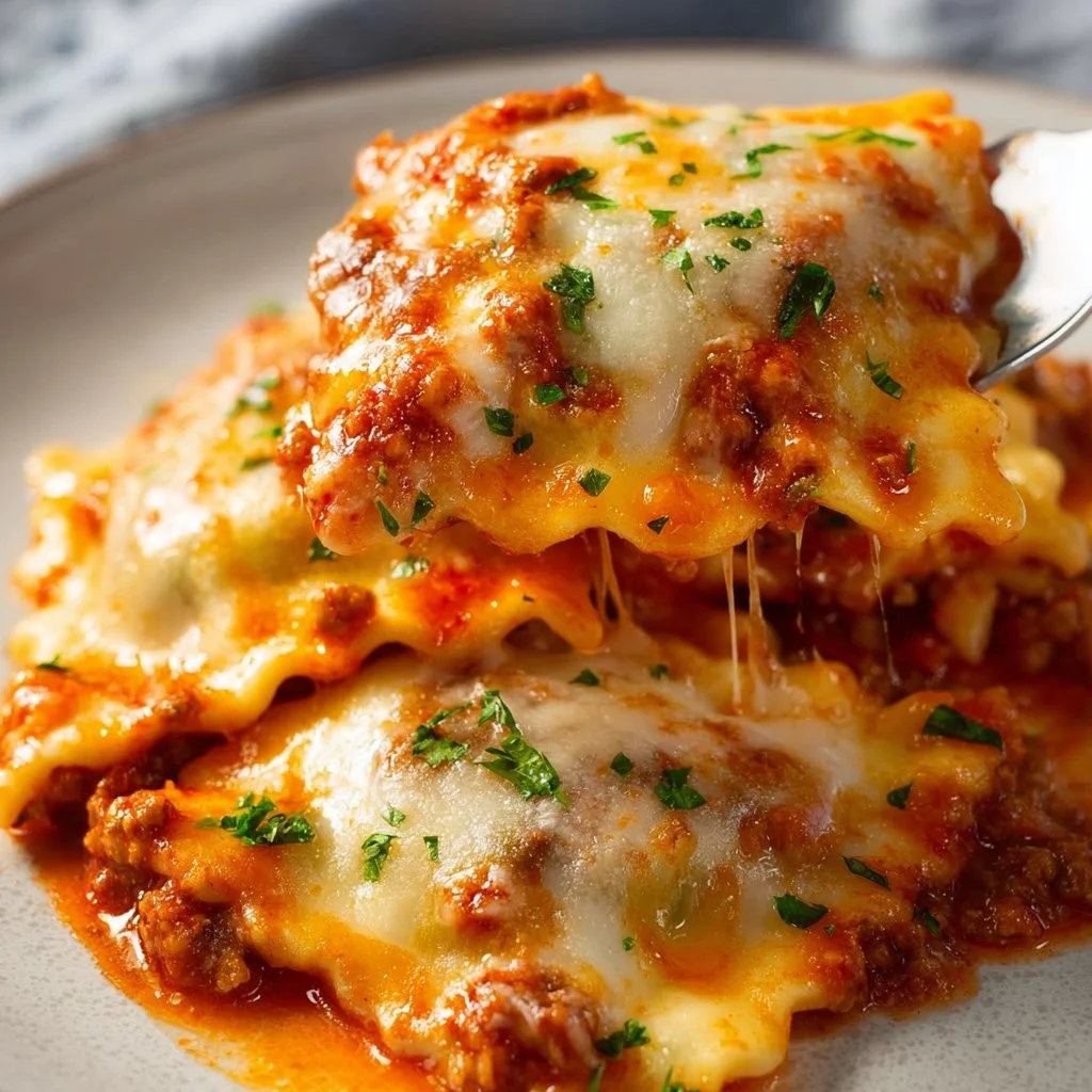 Delicious cheesy baked ravioli topped with melted cheese and herbs