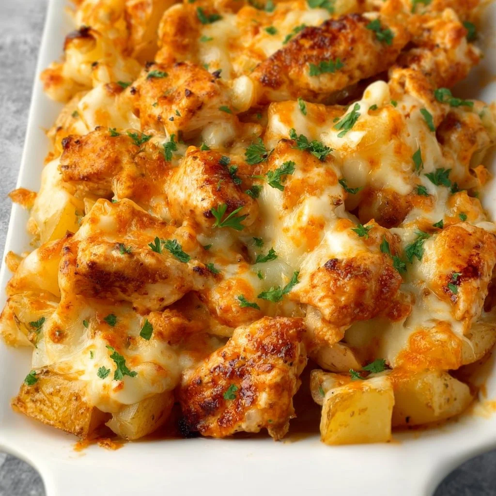 Cheesy chicken potato bake with melted cheese and golden potatoes